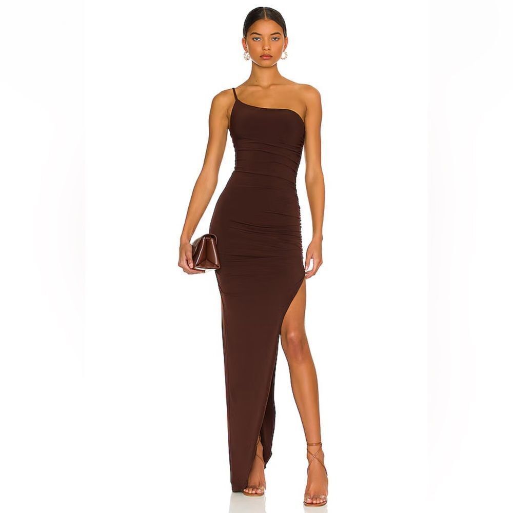 Nookie Aria One Shoulder Gown Chocolate Brown High Slit Maxi Dress Nwt Revolve L